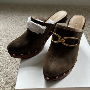 Veronica Beard Dark Brown Suede Clogs with Gold Details